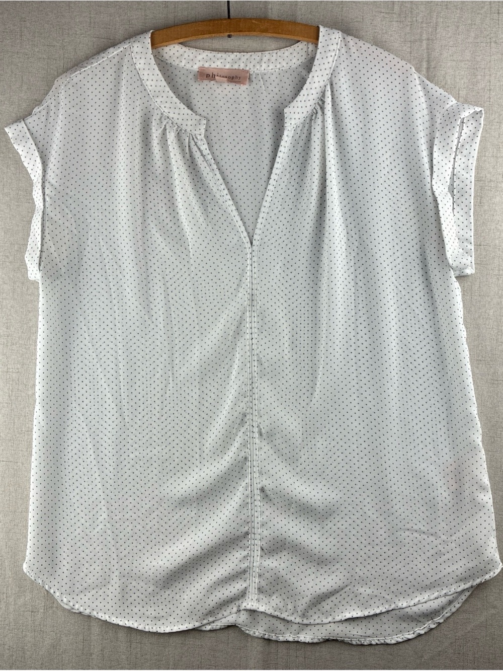 Philosophy Womens Shirt Semi Sheer Split V Neck Polka Dots White Black Layer M
